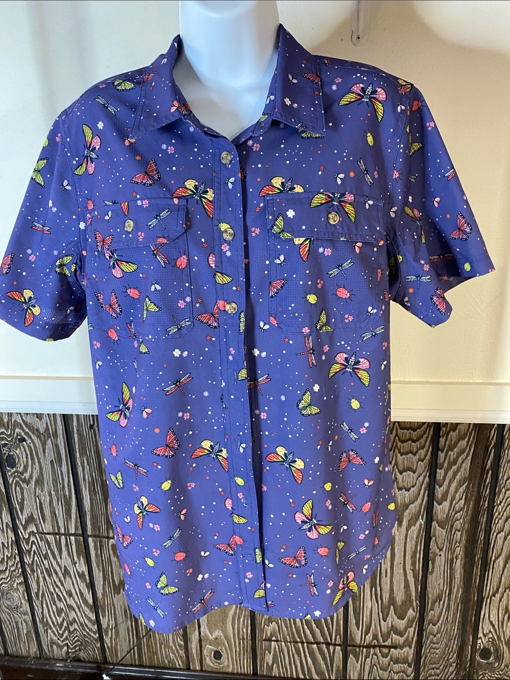 Purple Short-Sleeve Butterfly Beetle Dragonfly Print Button-Up Shirt